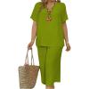 imageSOLY HUX Womens Plus Size 2 Piece Summer Outfits Notched V Neck Short Sleeve Tops and Capris Pants SetPlain Green