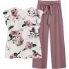 imageSOLY HUX Womens Plus Size Summer Two Piece Sets Ruffle Cap Sleeve Floral Blouse Belted Pants OutfitsWhite and Red Violet