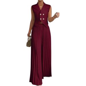 imageSOLY HUX Womens 2 Piece Business Outfit Button Down Lapel Collar Crop Vest Top and Pleated Pants SetPure Burgundy