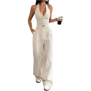 imageSOLY HUX Womens 2 Piece Outfits Halter Button Down Vest Crop Tops and High Waisted Pants SetPure Apricot
