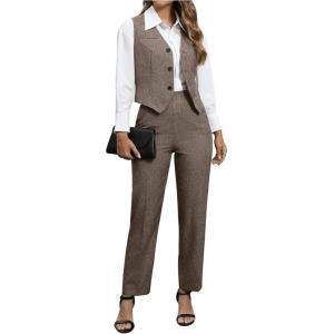 imageSOLY HUX Womens 2 Piece Outfits V Neck Button Down Sleeveless Blazer Vest and Pants Work Office SetKhaki