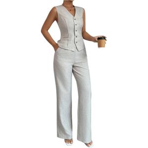 imageSOLY HUX Womens 2 Piece Outfits V Neck Button Down Vest Tops and High Waisted Pants Set Office Work SuitPure Apricot