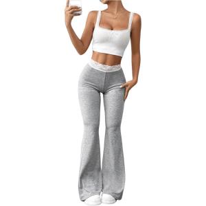imageSOLY HUX Womens Flare Leg Pants Elastic Lace Trim High Waist Casual Long Pants TrousersPlain Grey