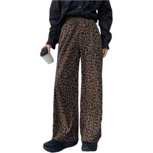 imageSOLY HUX Womens Leopard Print Pants High Waisted Wide Leg Baggy Corduroy Pants with PocketsCoffee Brown Leopard
