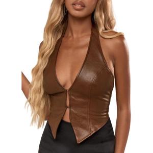 imageSOLY HUX Womens PU Leather Halter Tank Tops Sexy Deep V Neck Asymmetrical Vest Corset Party ClubwearCoffee Brown
