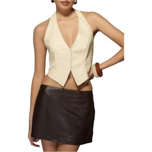 imageSOLY HUX Womens PU Leather Halter Tank Tops Sexy Deep V Neck Asymmetrical Vest Corset Party ClubwearPure Apricot