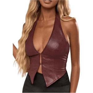 imageSOLY HUX Womens PU Leather Halter Tank Tops Sexy Deep V Neck Asymmetrical Vest Corset Party ClubwearPure Burgundy