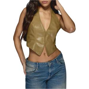 imageSOLY HUX Womens PU Leather Halter Tank Tops Sexy Deep V Neck Asymmetrical Vest Corset Party ClubwearPure Khaki