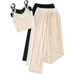 imageSOLY HUX Womens Pajama Set Lounge Sets 3 Pack PJs Lace Crop Tank Tops and Long Pants SleepwearBlack White Beige