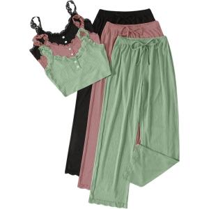 imageSOLY HUX Womens Pajama Set Lounge Sets 3 Pack PJs Lace Crop Tank Tops and Long Pants SleepwearDusty Pink Green Black