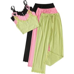 imageSOLY HUX Womens Pajama Set Lounge Sets 3 Pack PJs Lace Crop Tank Tops and Long Pants SleepwearGreen Pink Black