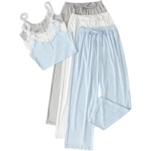 imageSOLY HUX Womens Pajama Set Lounge Sets 3 Pack PJs Lace Crop Tank Tops and Long Pants SleepwearGrey White Blue