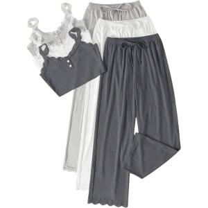 imageSOLY HUX Womens Pajama Set Lounge Sets 3 Pack PJs Lace Crop Tank Tops and Long Pants SleepwearGrey White Multi
