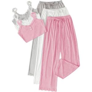imageSOLY HUX Womens Pajama Set Lounge Sets 3 Pack PJs Lace Crop Tank Tops and Long Pants SleepwearPink White Grey