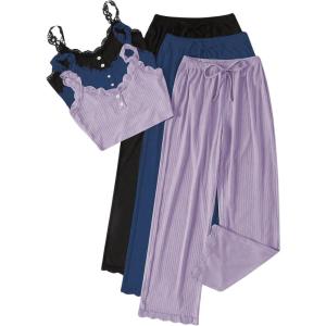 imageSOLY HUX Womens Pajama Set Lounge Sets 3 Pack PJs Lace Crop Tank Tops and Long Pants SleepwearPurple Blue Black