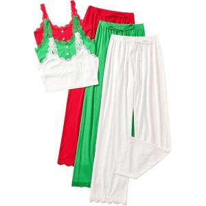 imageSOLY HUX Womens Pajama Set Lounge Sets 3 Pack PJs Lace Crop Tank Tops and Long Pants SleepwearWhite Green Red
