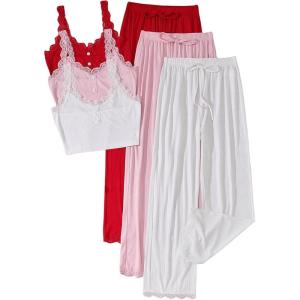 imageSOLY HUX Womens Pajama Set Lounge Sets 3 Pack PJs Lace Crop Tank Tops and Long Pants SleepwearWhite Pink Red