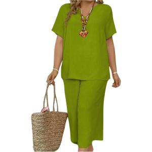imageSOLY HUX Womens Plus Size 2 Piece Summer Outfits Notched V Neck Short Sleeve Tops and Capris Pants SetPlain Green