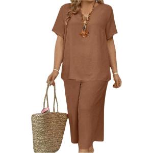 imageSOLY HUX Womens Plus Size 2 Piece Summer Outfits Notched V Neck Short Sleeve Tops and Capris Pants SetPlain Khaki