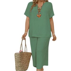 imageSOLY HUX Womens Plus Size 2 Piece Summer Outfits Notched V Neck Short Sleeve Tops and Capris Pants SetPlain Light Green