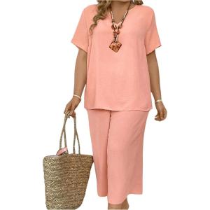 imageSOLY HUX Womens Plus Size 2 Piece Summer Outfits Notched V Neck Short Sleeve Tops and Capris Pants SetPlain Pink