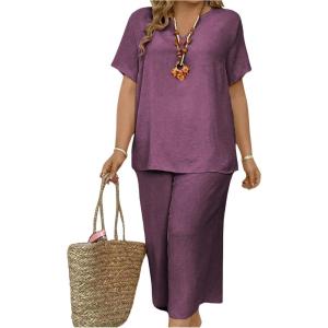 imageSOLY HUX Womens Plus Size 2 Piece Summer Outfits Notched V Neck Short Sleeve Tops and Capris Pants SetPlain Purple