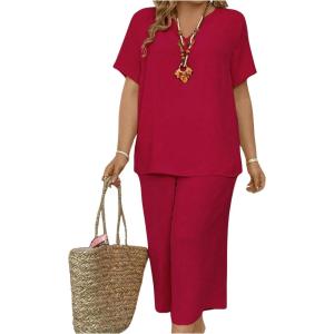 imageSOLY HUX Womens Plus Size 2 Piece Summer Outfits Notched V Neck Short Sleeve Tops and Capris Pants SetPlain Red