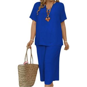 imageSOLY HUX Womens Plus Size 2 Piece Summer Outfits Notched V Neck Short Sleeve Tops and Capris Pants SetPlain Royal Blue