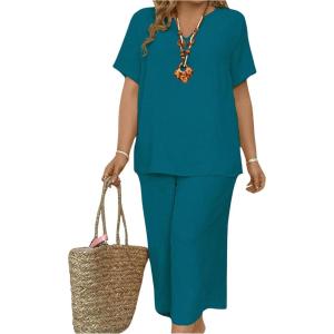 imageSOLY HUX Womens Plus Size 2 Piece Summer Outfits Notched V Neck Short Sleeve Tops and Capris Pants SetPlain Teal Blue