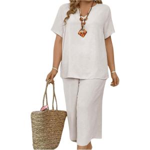 imageSOLY HUX Womens Plus Size 2 Piece Summer Outfits Notched V Neck Short Sleeve Tops and Capris Pants SetPlain White
