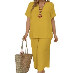 imageSOLY HUX Womens Plus Size 2 Piece Summer Outfits Notched V Neck Short Sleeve Tops and Capris Pants SetPlain Yellow