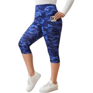 imageSOLY HUX Womens Plus Size Camo Print Capris Leggings High Waisted Workout Yoga Pants with PocketsRoyal Blue Camo
