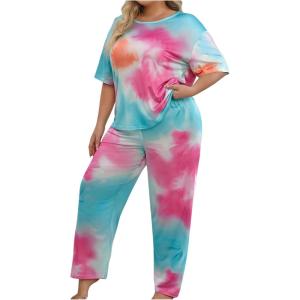 imageSOLY HUX Womens Plus Size Pajama Set Tie Dye Short Sleeve T Shirt and Pants Lounge Set 2 Piece SleepwearHot Pink Blue Multi