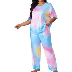 imageSOLY HUX Womens Plus Size Pajama Set Tie Dye Short Sleeve T Shirt and Pants Lounge Set 2 Piece SleepwearPink Blue Multi