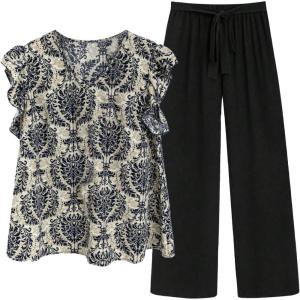 imageSOLY HUX Womens Plus Size Summer Two Piece Sets Ruffle Cap Sleeve Floral Blouse Belted Pants OutfitsBlack Multi