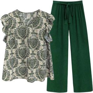 imageSOLY HUX Womens Plus Size Summer Two Piece Sets Ruffle Cap Sleeve Floral Blouse Belted Pants OutfitsGreen Multi