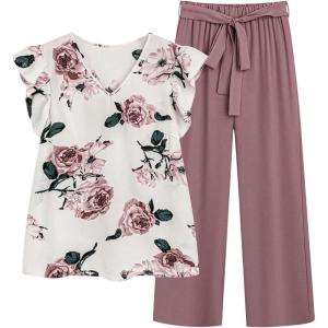 imageSOLY HUX Womens Plus Size Summer Two Piece Sets Ruffle Cap Sleeve Floral Blouse Belted Pants OutfitsWhite and Red Violet
