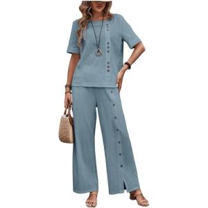 imageSOLY HUX Womens Summer 2 Piece Outfits Button Front Short Sleeve Tops and Pants SetPlain Blue