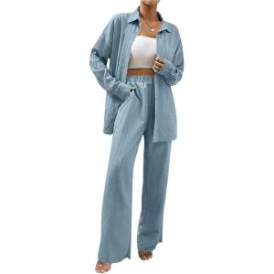 imageSOLY HUX Womens 2 Piece Outfits Long Sleeve Button Down Shirt and Wide Leg Pants Casual SetPlain Dusty Blue
