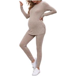 imageSOLY HUX Womens Maternity Two Piece Outfits Long Sleeve Side Slit Top and Legging Pants Fall OutfitsPlain Apricot