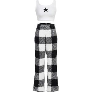 imageSOLY HUX Womens Pajama Set Star Print Tank Top and Plaid Pants Fuzzy Loungewear SleepwearBlack and White Plaid