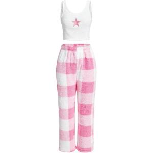 imageSOLY HUX Womens Pajama Set Star Print Tank Top and Plaid Pants Fuzzy Loungewear SleepwearWhite and Pink