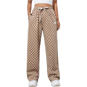 imageSOLY HUX Womens Plaid Sweatpants Drawstring High Waisted Straight Leg Long Pants with PocketsBrown Checkered