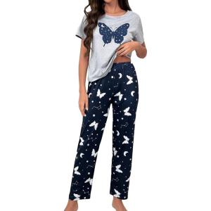 imageSOLY HUX Womens Sleepwear Butterfly Print Short Sleeve Tee Tops and Pants Loungewear Pajama SetMulticoloured Butterfly