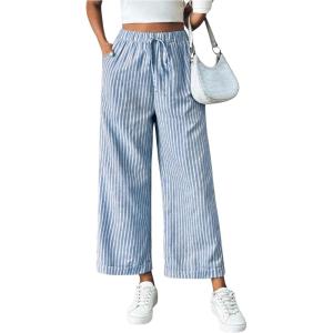 imageSOLY HUX Womens Striped Pants Tie Front High Waisted Wide Leg Pants with PocketsBlue and White Striped