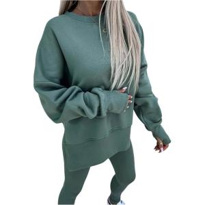 imageSOLY HUX Womens 2 Piece Outfits Long Sleeve Split Hem Sweatshirt and Leggings Pants SetSolid Green