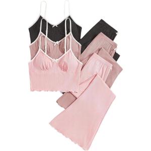 imageSOLY HUX Womens 3 Sets Cami Pajamas Sleeveless Camisole Top and Pants PJ Set LoungewearPink Black Multi