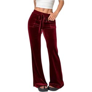 imageSOLY HUX Womens Drawstring Waist Bell Bottom Velvet Pants Y2k Vintage Flare Leg TrousersSolid Burgundy