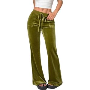 imageSOLY HUX Womens Drawstring Waist Bell Bottom Velvet Pants Y2k Vintage Flare Leg TrousersSolid Green
