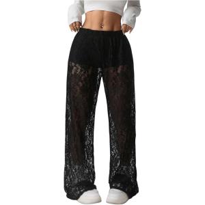 imageSOLY HUX Womens Lace Sheer Wide Leg Pants Elastic Waist See Through Party TrousersBlack